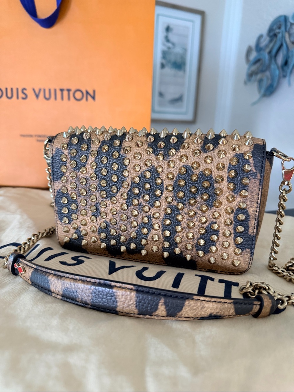Christian Louboutin Studded spike Leather Crossbody Bag leopard